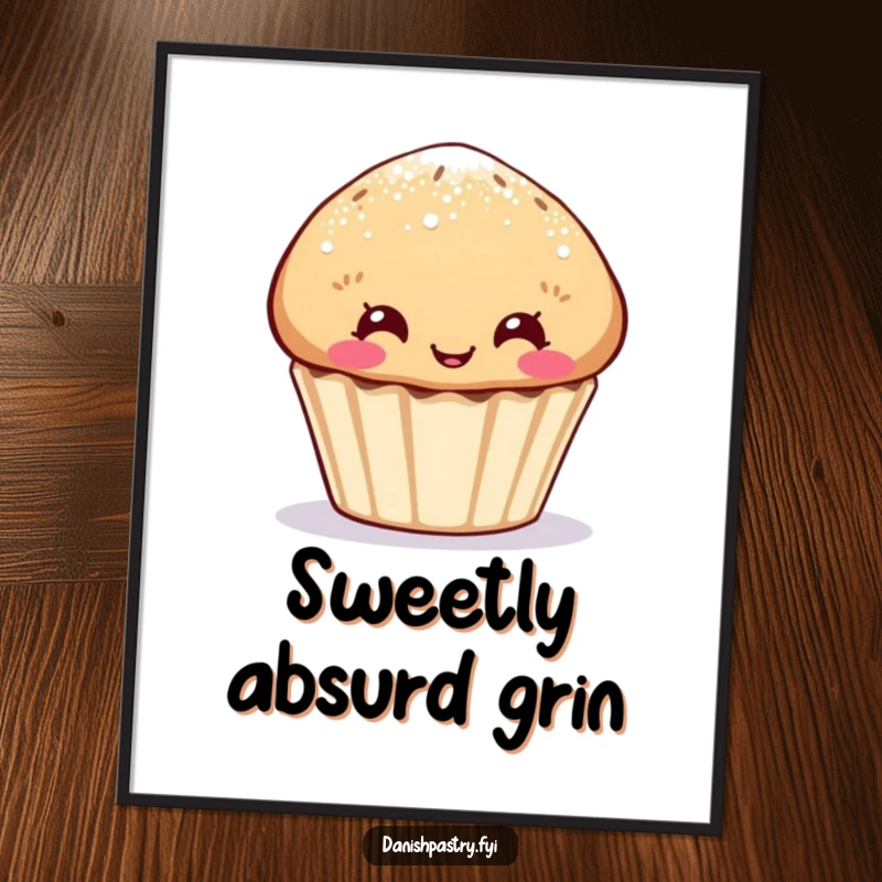 Funny muffin digital art print, sugar-dusted character making a funny face, instant download for humorous decor.