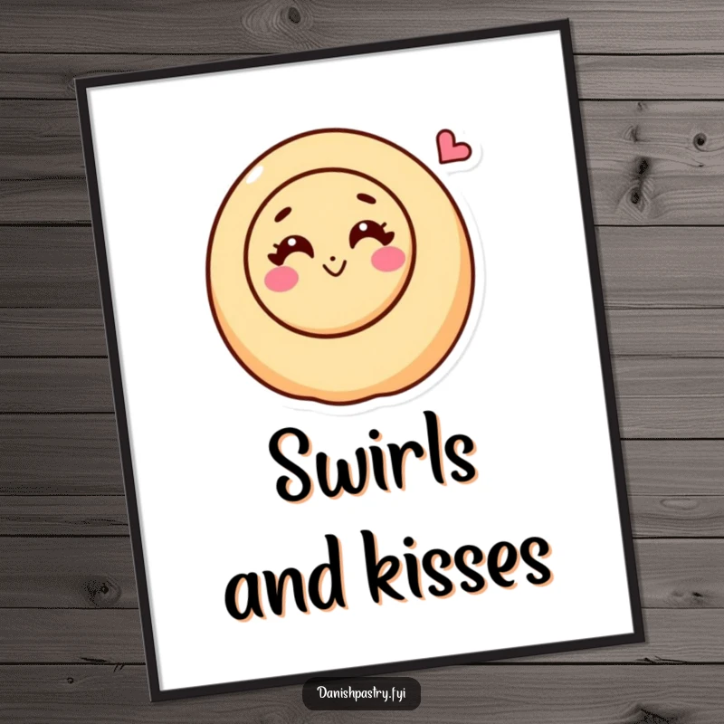 Funny cinnamon roll character with a happy swirl blowing a kiss, offered as a downloadable digital art print.