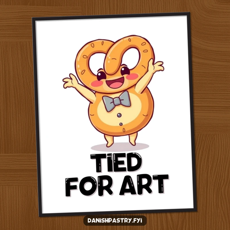 Funny grinning pretzel with a bow tie doing a somersault, a digital art print celebrating playfulness and fun.