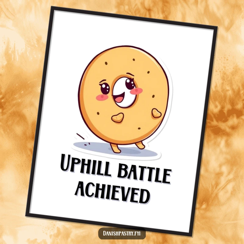 Funny bagel digital art print, a smiling character determinedly waddling uphill, for instant humorous motivation.