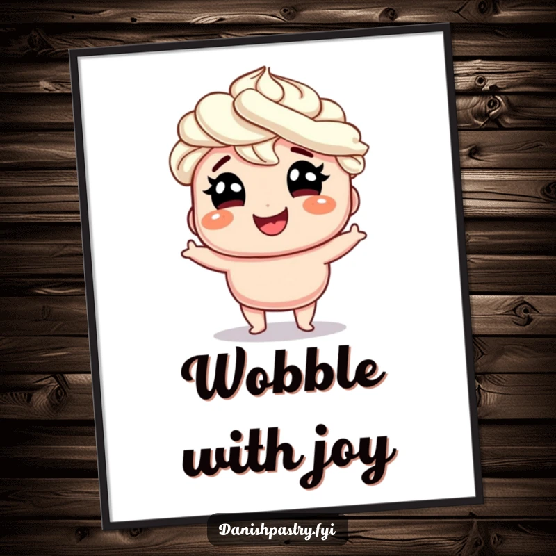 Funny smiling Danish with whipped cream hair doing a silly wobble with glee, a high-resolution digital art print for whimsical wall decor.