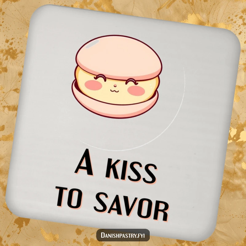 Funny drink coaster featuring a happy macaron with rosy cheeks, blowing a kiss, protecting furniture with sweetness and humor.