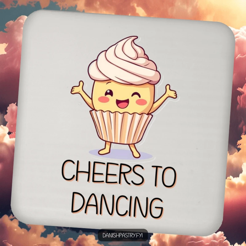 Funny Coaster: A delighted cupcake with frosting dances playfully, adding a humorous and sweet touch to drink protection.