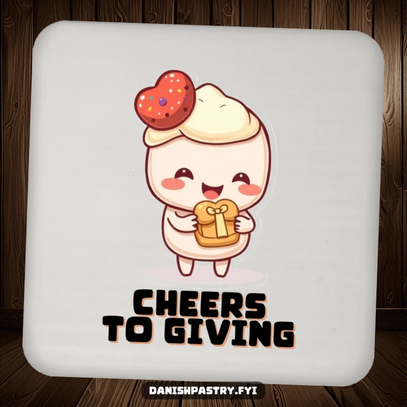 Funny Drink Coaster showing a happy pastry character offering a small pastry as a gift. A sweet and humorous accessory.