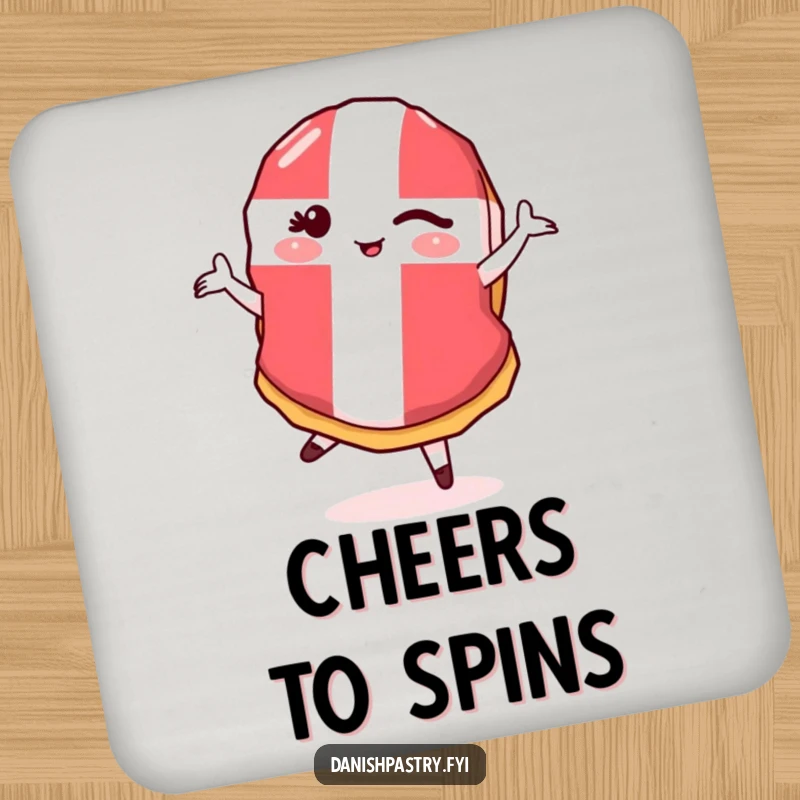 Funny Danish Flag Pastry Pirouette Coaster featuring a winking pastry doing a pirouette, perfect for humorous surface protection.