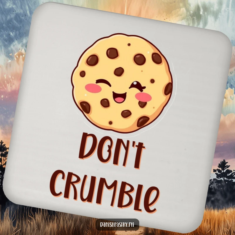 Funny drink coaster featuring a giggling chocolate chip cookie winking, protecting surfaces with sweet and humorous charm.