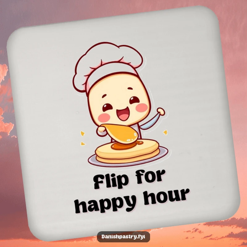 Funny Danish Pastry Chef Coaster featuring a character flipping a pancake, adding humorous and practical protection to surfaces.