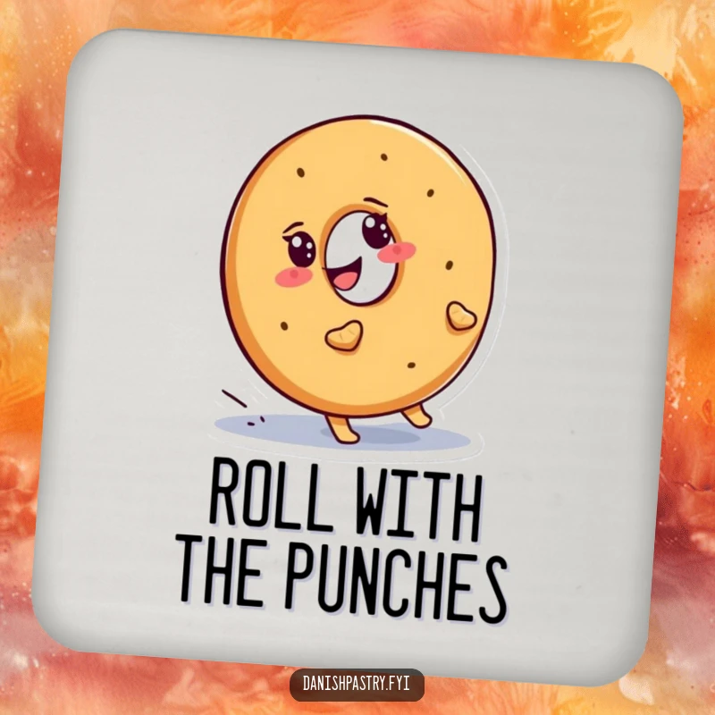 Funny bagel coasters, featuring a smiling character determinedly waddling uphill, adding humorous protection.