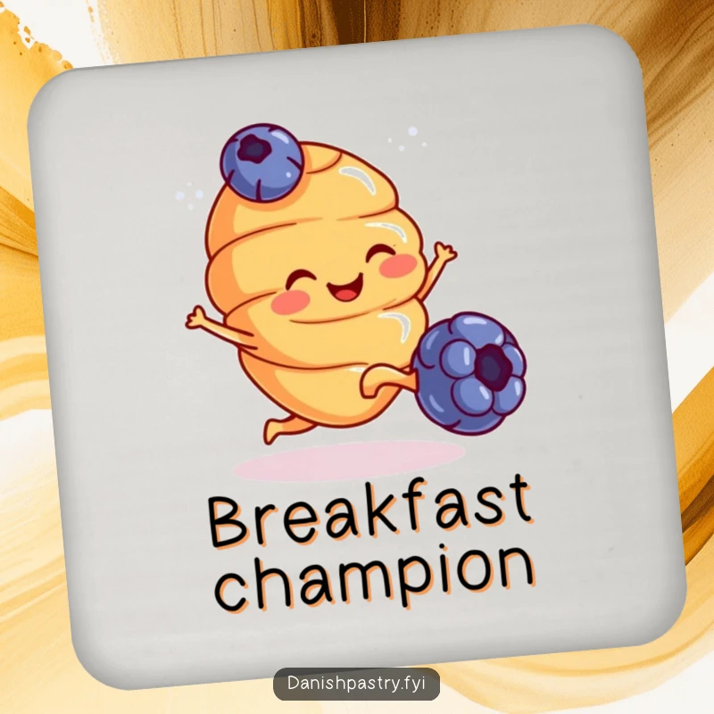 Funny Coaster: A smiling croissant with tiny legs playfully kicks a blueberry, adding a humorous touch to drink protection.