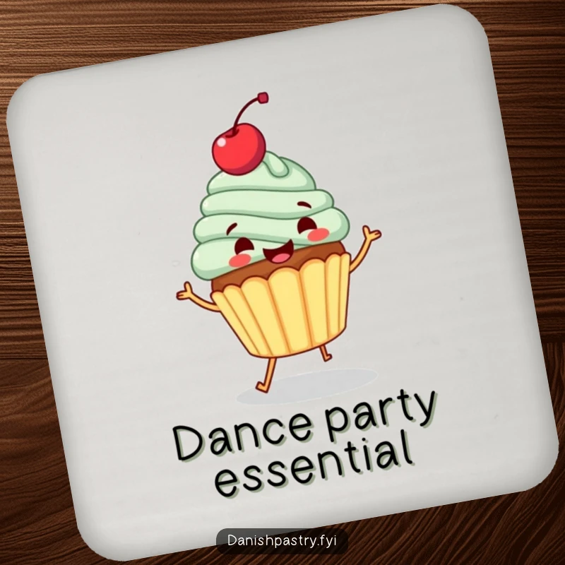 Funny drink coaster with a gleeful cupcake, cherry topping, and jig. Small, humorous dessert art for tables.