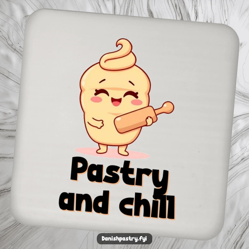 Funny Danish pastry character drink coaster, winking with a rolling pin, offering tabletop protection with a side of baking humor.
