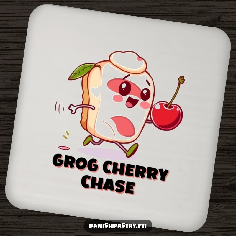 Funny Danish pastry coasters, character comically chasing a rolling cherry, protecting surfaces with whimsical charm.