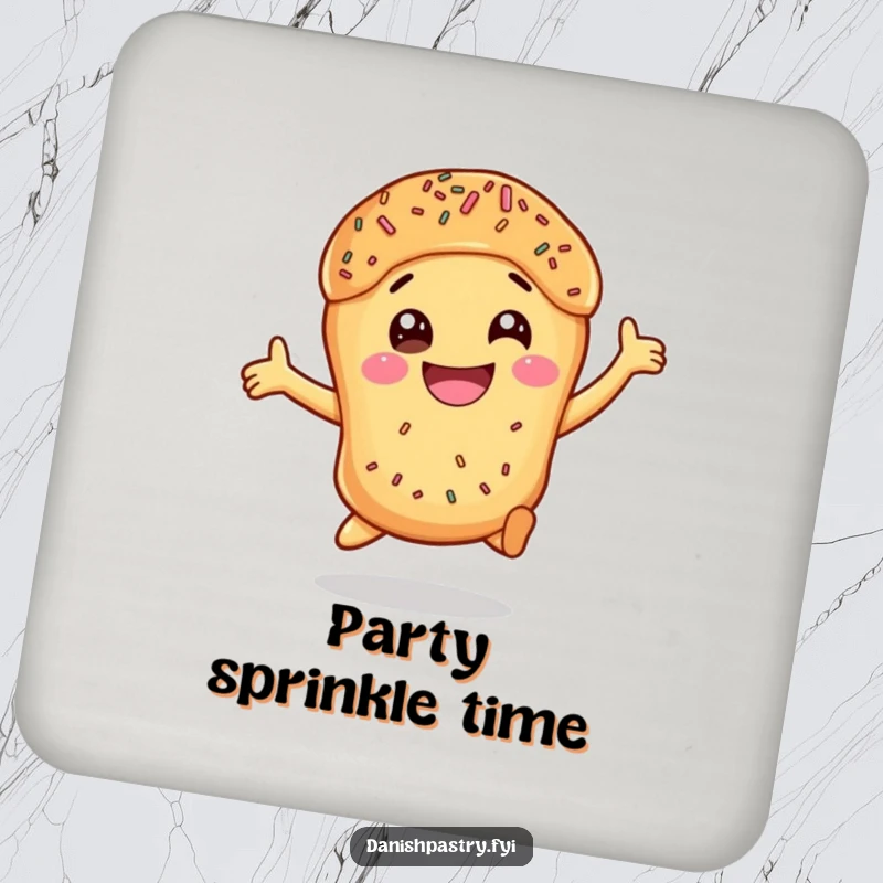 Funny Danish Pastry Leap Coaster featuring a happy, leaping pastry with sprinkles, perfect for humorous surface protection.