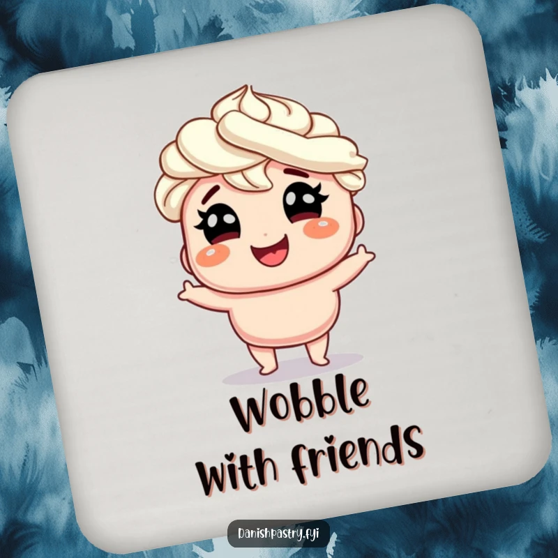 Funny smiling Danish with whipped cream hair doing a silly wobble with glee, humorous coasters to protect surfaces with sweet style.