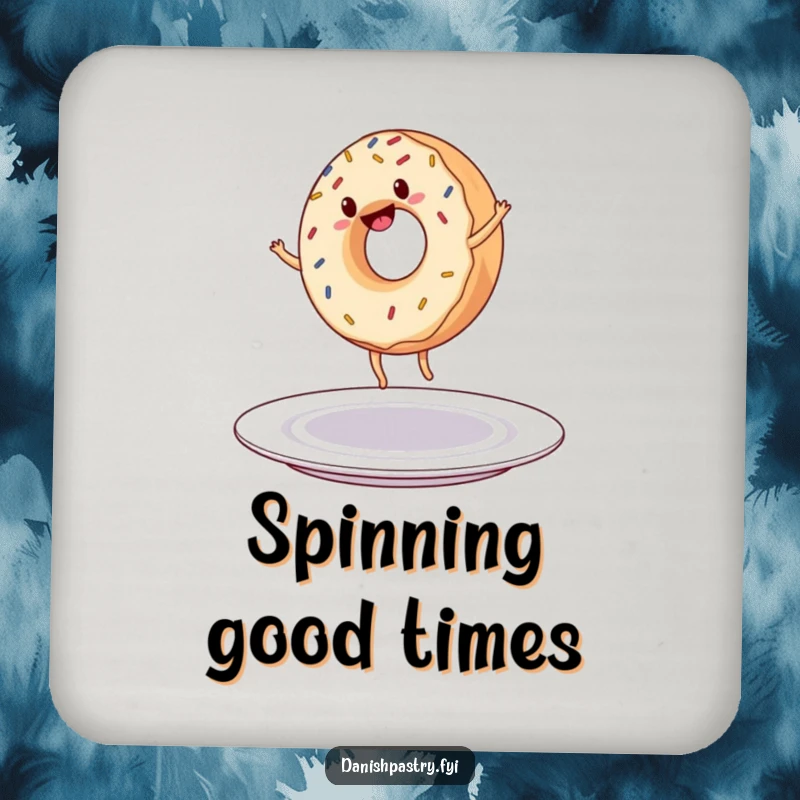 Funny Coaster: A cheerful donut with sprinkles performs a cartwheel on a plate, adding a humorous touch to drink protection.