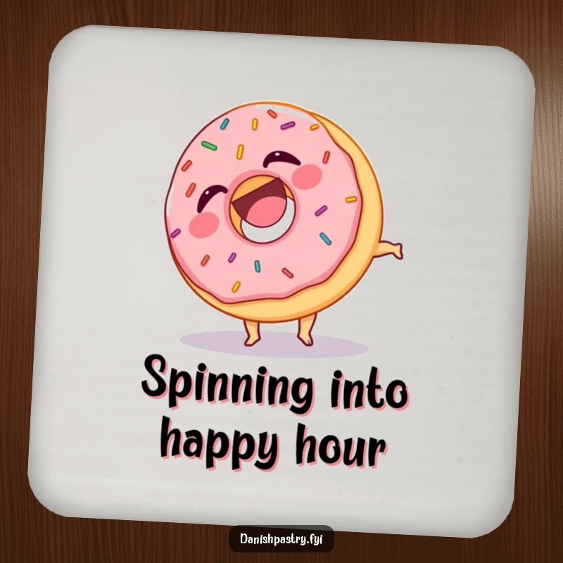 Funny drink coaster featuring a laughing donut with sprinkles, captured mid-somersault, protecting furniture with humor and sweetness.