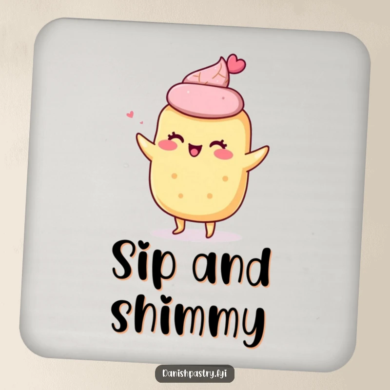 Funny drink coaster with a giddy scone character doing a little shimmy, protecting surfaces with a cheerful, baking-themed design.