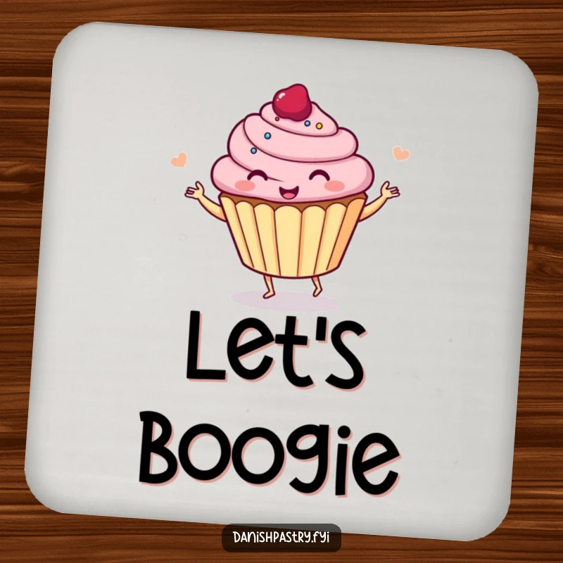 Funny cupcake dancing with joy, printed on a protective drink coaster, adding a humorous accent to any tabletop.
