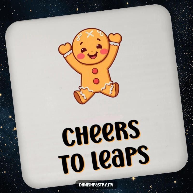 Funny gingerbread person doing a celebratory leap, on a hilarious dessert drink coaster.
