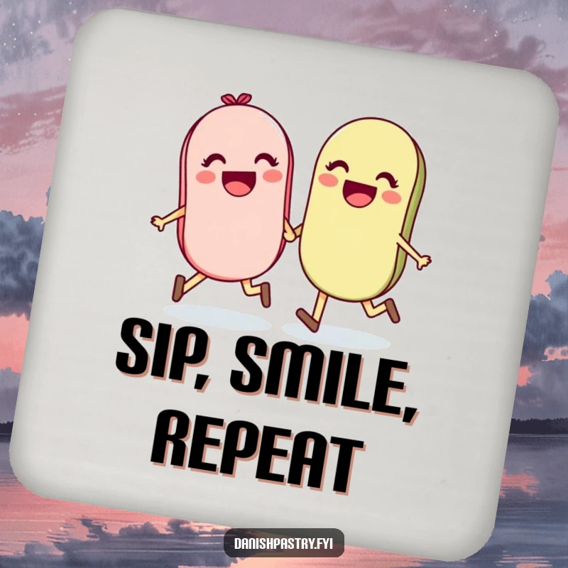 Funny drink coaster featuring a delighted pair of macarons holding hands and skipping, adding cheerful charm to surfaces.