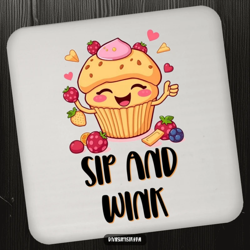 Funny Coaster: A happy muffin with chips winks while juggling berries, adding a humorous and sweet touch to drink protection.