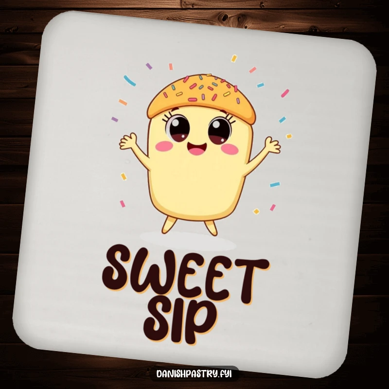Funny pastry coaster with a smiling pastry dancing joyfully under a rain of sprinkles, offering cute surface protection.