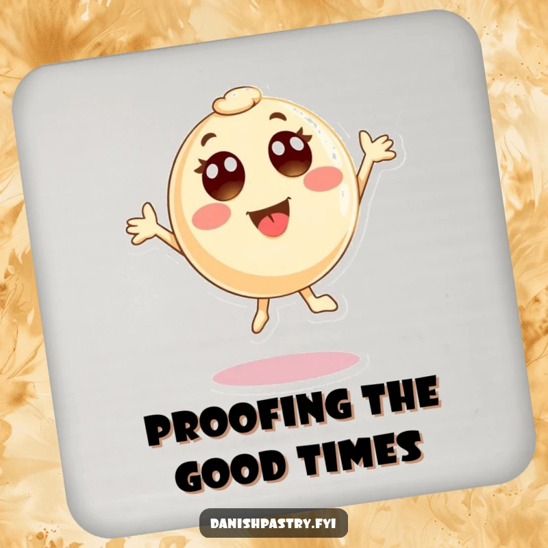 Funny Drink Coaster featuring a round pastry character with wide eyes joyfully jumping. A small, humorous accessory for any table.