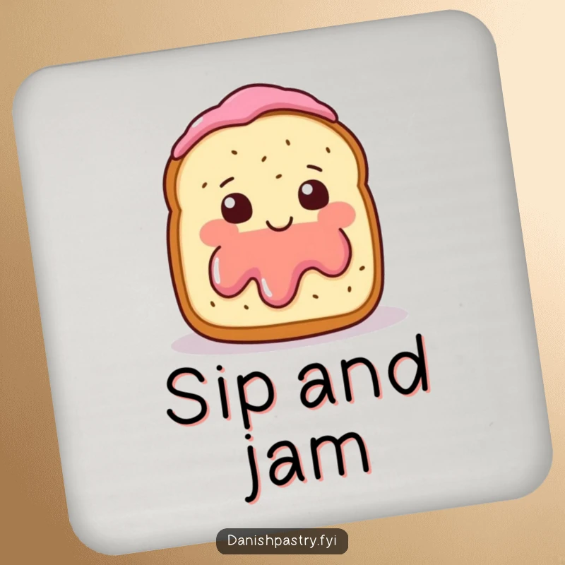 Funny Drink Coaster showcasing a blushing scone with jam, waving shyly, a cute and functional item.