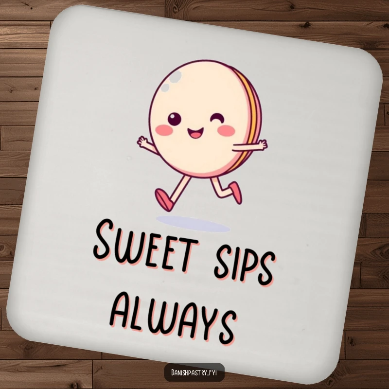 Funny drink coaster with a smiling macaron character skipping happily, protecting surfaces with a cheerful, sweet-themed design.