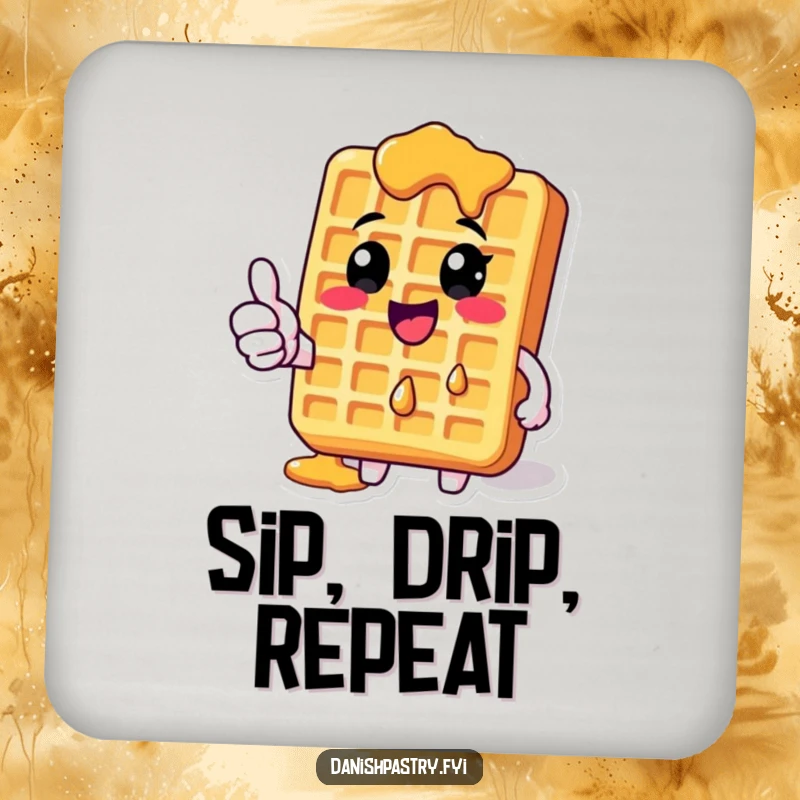 Funny Waffle Coasters with dripping syrup giving a thumbs-up, adding humorous breakfast flair to any drink surface.