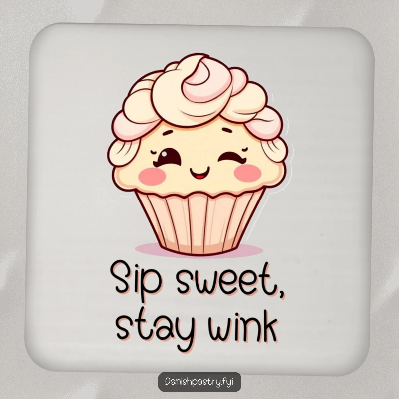 Funny drink coaster featuring a cheerful cupcake character with frosting hair, playfully winking, protecting furniture with humor.