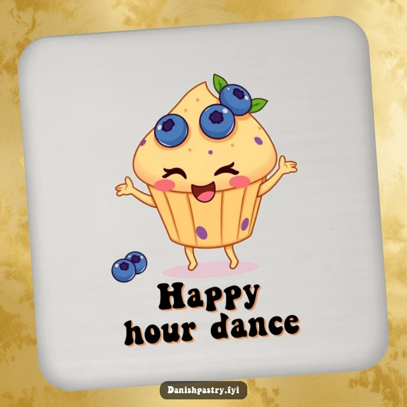 Funny drink coaster depicting a winking muffin with blueberries, happily dancing, providing surface protection with a dose of charming, sweet, dessert humor.