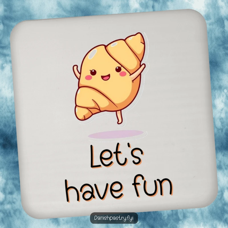 Funny croissant in a cartwheel pose, printed on a protective drink coaster, adding a humorous accent to any tabletop.