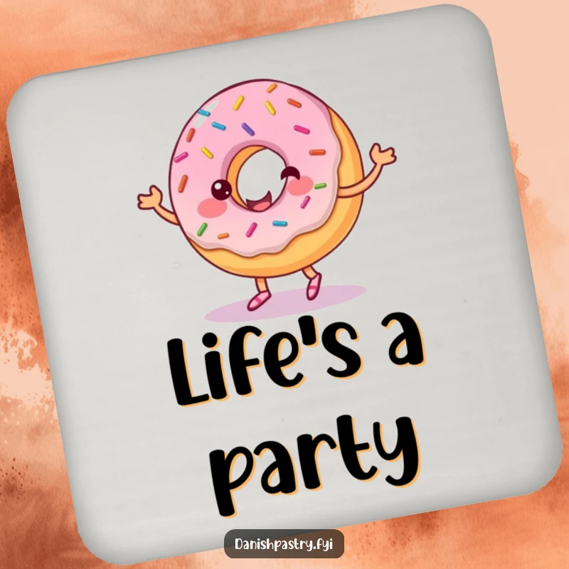 Funny drink coaster with a cheerful donut, sprinkles, and dancing frosting. Small, humorous treat art for tables.