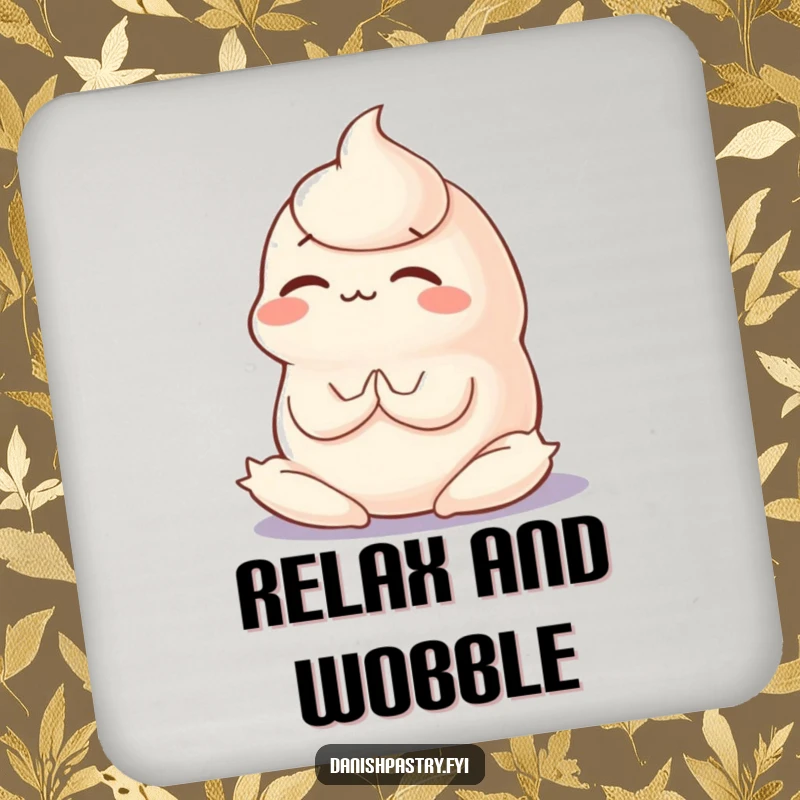 Funny drink coaster featuring a wobbly panna cotta in a silly yoga pose with concentration, protecting surfaces with humor.