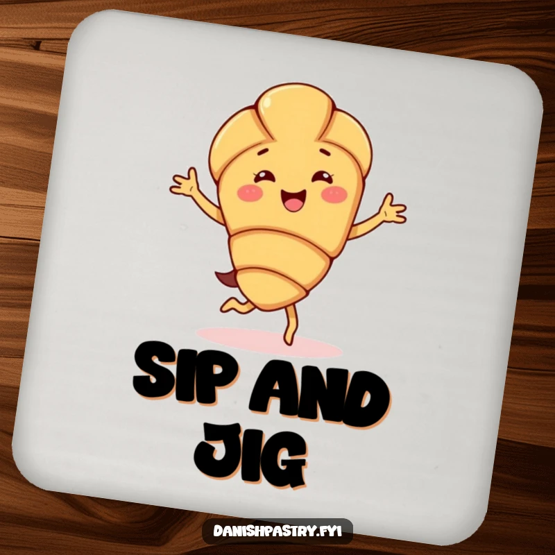 Funny almond croissant character drink coaster, doing a happy jig, offering tabletop protection with a side of pastry-themed joy and cheer.