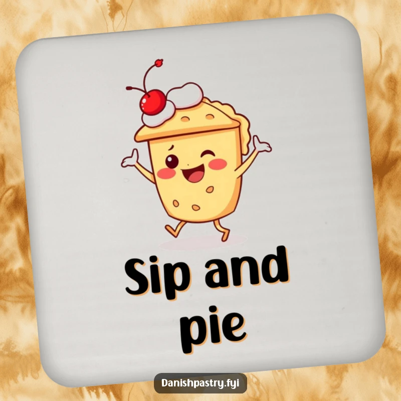 Funny pie character doing a silly dance with a cherry on top, displayed on a hilarious dessert drink coaster.