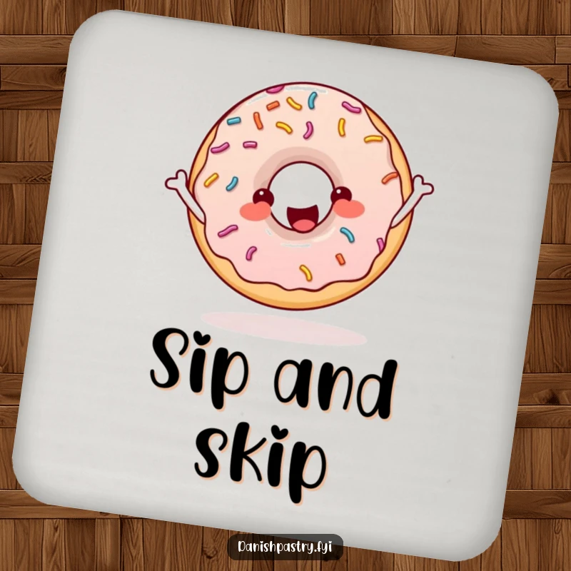 Funny donut with sprinkles skipping rope enthusiastically, a cheerful and protective drink coaster for tables.