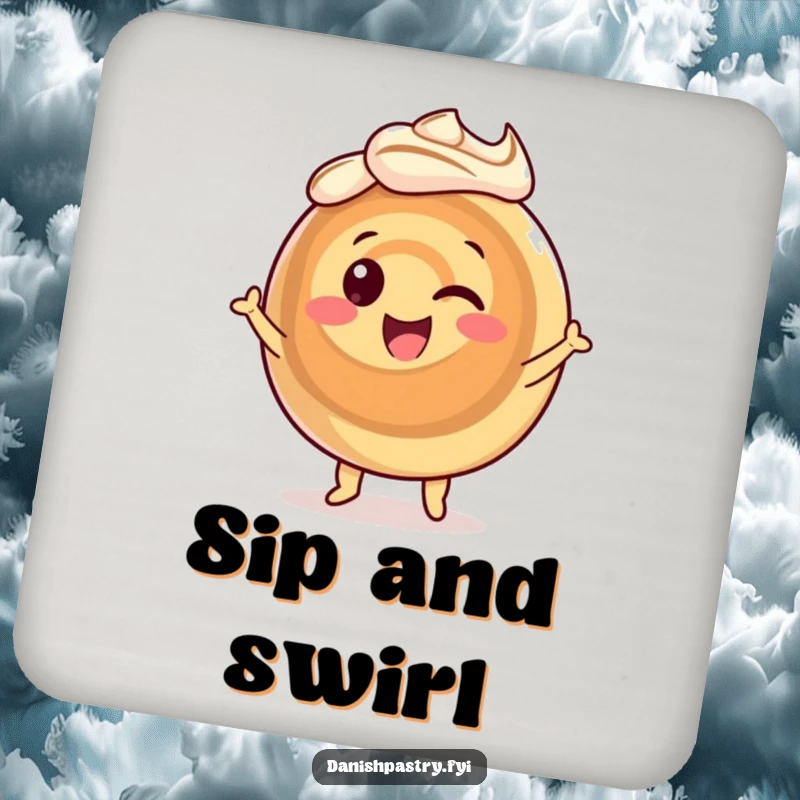 Funny cinnamon roll coasters, featuring a happily dancing pastry character with swirling icing, protecting surfaces sweetly.