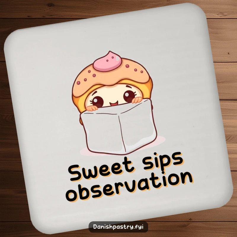 Funny drink coaster with a curious Danish pastry character peeking from behind a sugar cube, adding sweet humor.