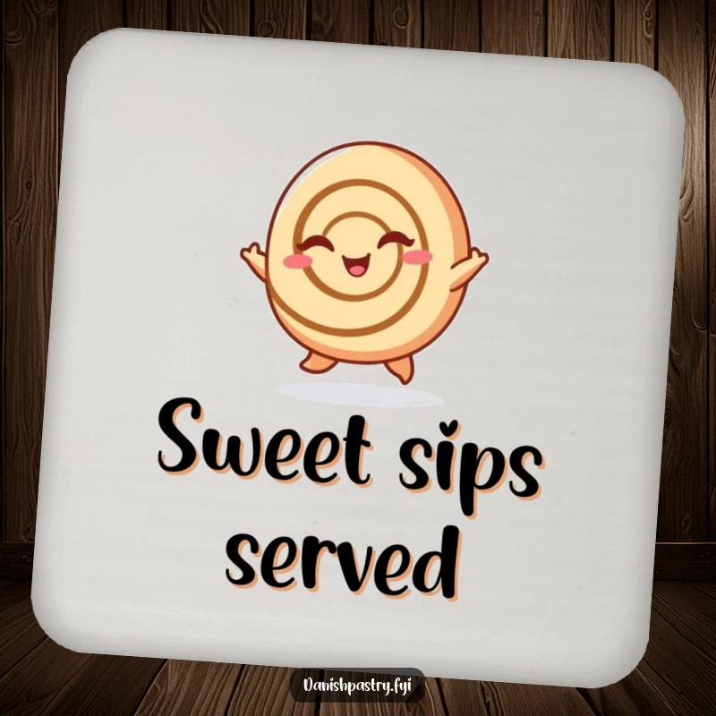 Funny Cinnamon Roll Coasters: A cheerful cinnamon roll hopping and winking, offering sweet humor, an excellent funny gift.