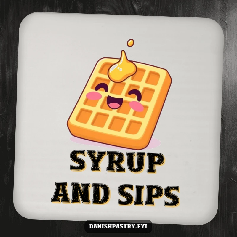Funny waffle drink coaster featuring a delighted character grinning upside down with syrup, adding sweet breakfast humor.