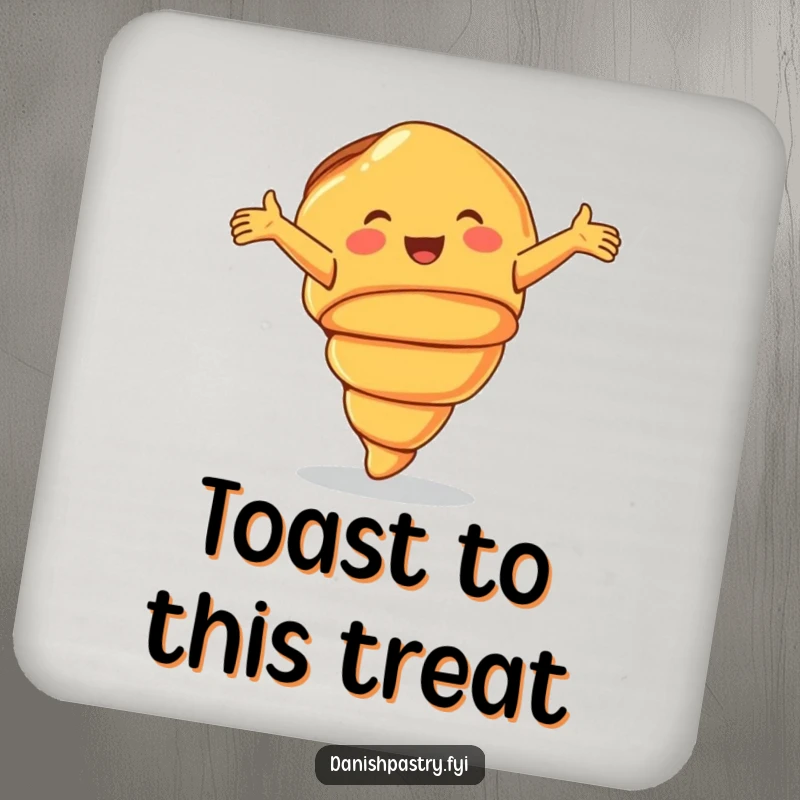 Funny Coaster featuring a smiling croissant doing a joyful cartwheel, protecting surfaces with charm.