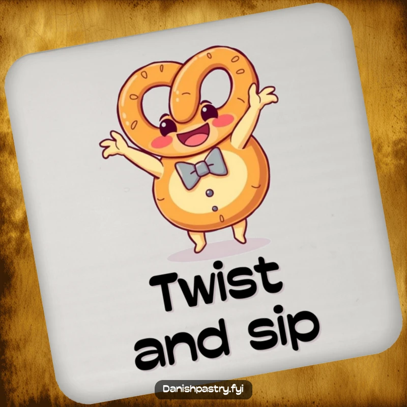 Funny grinning pretzel with a bow tie doing a somersault, a playful and protective drink coaster.