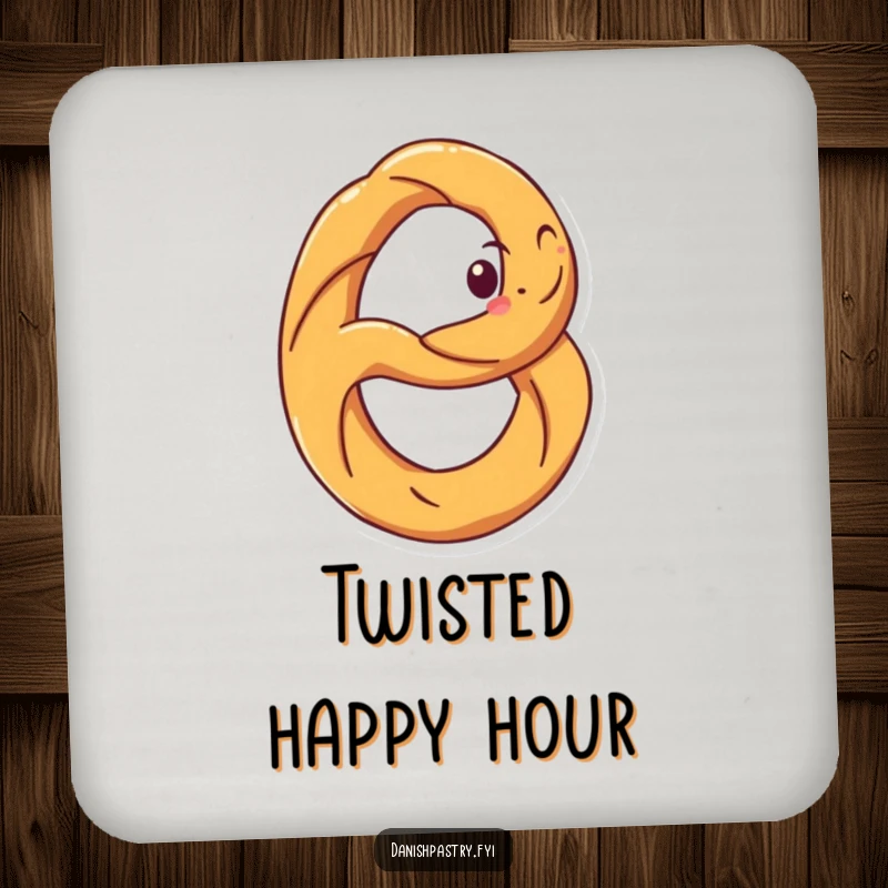Funny drink coaster with a grinning pretzel spinning. Small, humorous snack art for tables.
