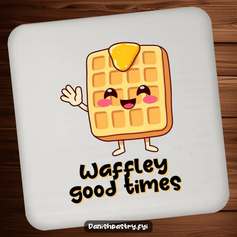 Funny drink coaster featuring a smiling waffle with dripping syrup, waving enthusiastically, protecting surfaces with charm.