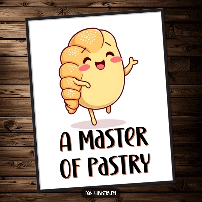 Funny Croissant Jig Poster featuring a happy, dancing croissant dusted with sugar, adding humorous pastry art to decor.