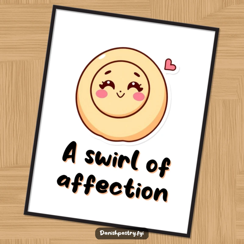 Funny cinnamon roll character with a happy swirl blowing a kiss in a poster, conveying sweet affection.