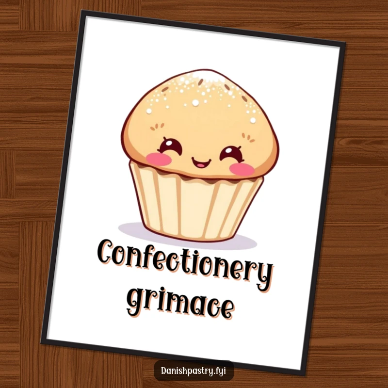 Funny muffin poster, sugar-dusted character making a funny face, whimsical wall art for a humorous gift.