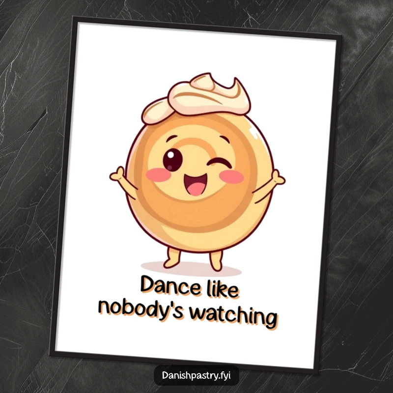 Funny cinnamon roll poster art, a smiling pastry character energetically dancing with dynamic icing swirls, bringing cheerful vibes.